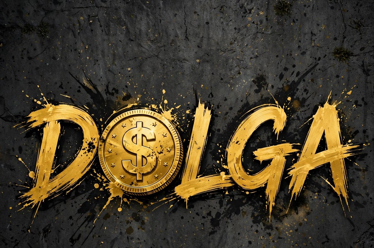 DOLGA — the Dolga Studios wordmark: gold brush letters with a dollar coin for the O
